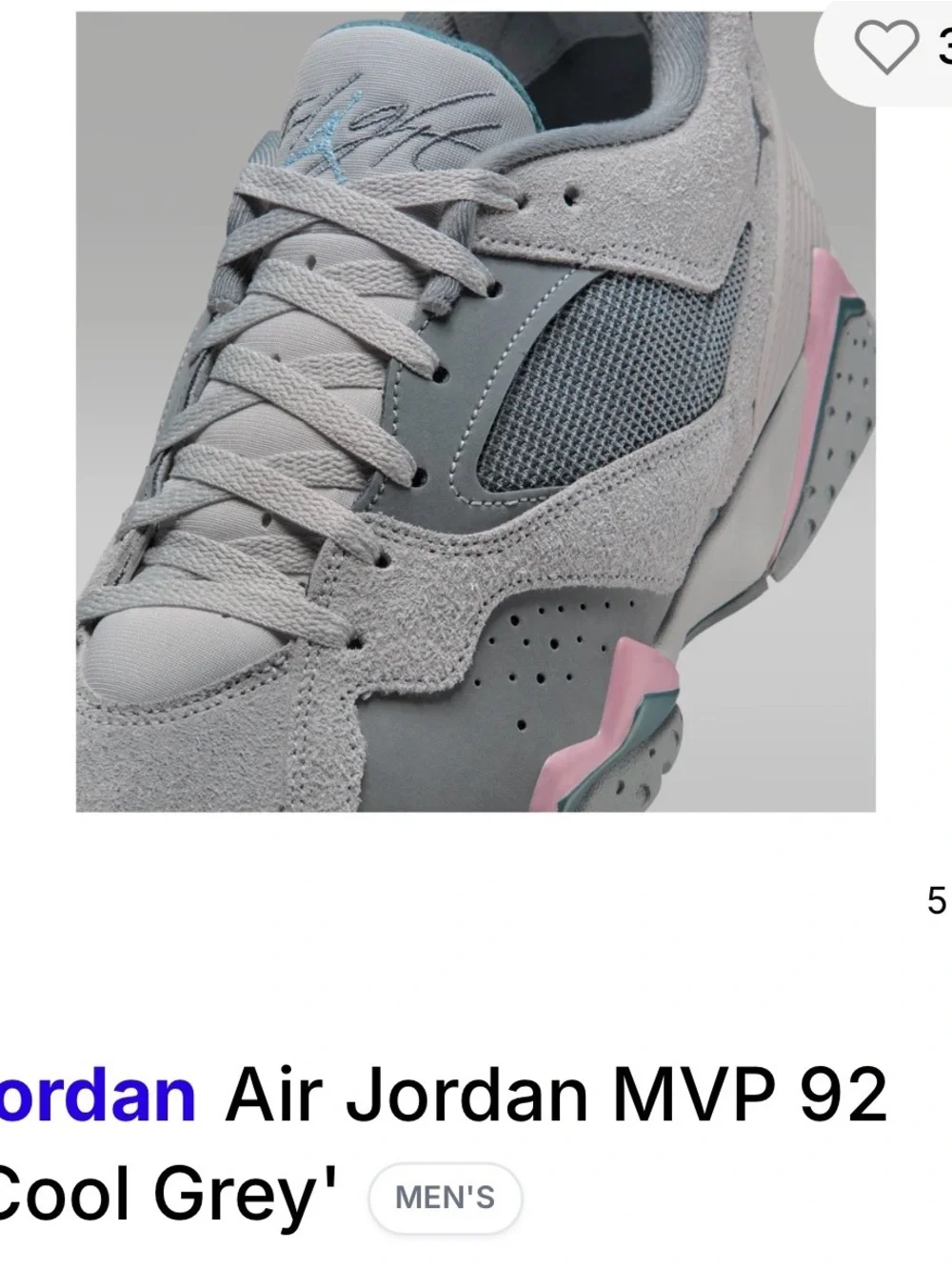 Jordan Men’s MVP 92 Low - Cool Grey/Pink Men's Sneakers